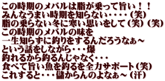 この時期のメバルは脂が乗って旨い！！ みんなうまい時期を知らない・・・・（笑） 脂の乗らない冬に寒い思いをして（笑）（笑） この時期のメバルの味を 一生知らずに釣りをするんだろうなぁ～ という話をしながら・・・爆 釣れるから釣るんじゃなく・・・ 食べて旨い魚を釣るを全力サポート（笑） これすると・・・儲からんのよなぁ～（汗）