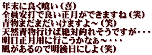 年末に良く喰い（喜） 全員安打で良い正月ができますね（笑） 青物まだまだいけますよ～（笑） 天然青物行けば絶対釣れそうですが・・・ 明日正月用に行こうかなぁ～・・・ 風があるので明後日にしよ（笑）
