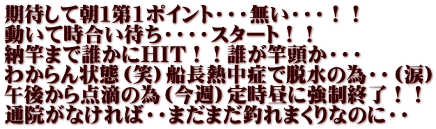 期待して朝１第1ポイント・・・無い・・・！！ 動いて時合い待ち・・・・スタート！！ 納竿まで誰かにHIT！！誰が竿頭か・・・ わからん状態（笑）船長熱中症で脱水の為・・（涙） 午後から点滴の為（今週）定時昼に強制終了！！ 通院がなければ・・まだまだ釣れまくりなのに・・